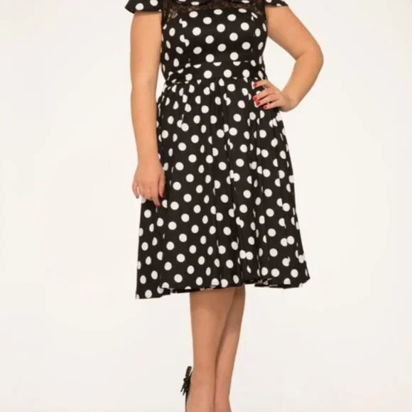 Hearts & Roses London Black White Polka Dot Lace Cap Sleeve Swing Dress EUC 14 - Picture 4 of 7